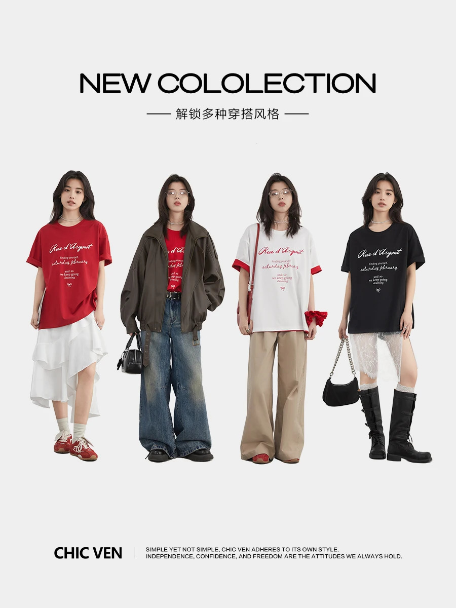 CHIC VEN Womens Tshirt Loose Casual Oneck Short sleeved Letter printed Top SpringSummer 250407