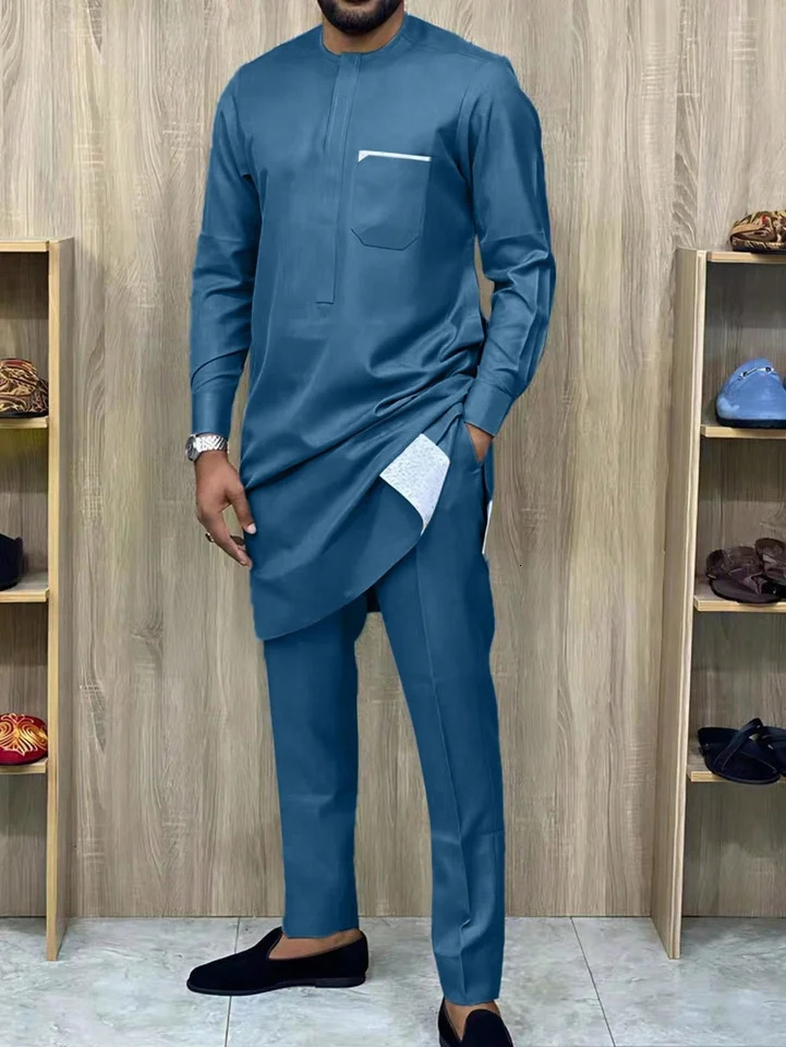 Embroidered Mens Temos Wedding trousers shirt two-piece suit dress Solid color long sleeve party African ethnic style 250407