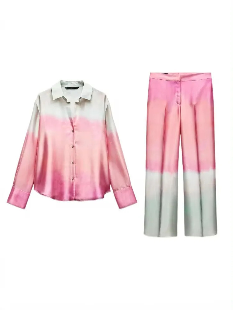 ZBZA Womens Tie Dye Printed Shirt and Pants Set Flip Collar Long Sleeve Satin High Waist Wide Leg Silk Autumn 250313