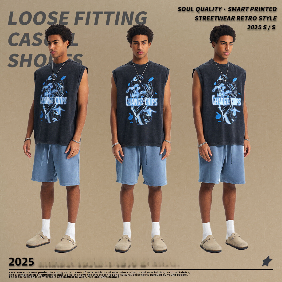 Chain Trendy Wear | 2025 Stir fried Snowflake Used Tank Top Digital Direct Spray Printed Shoulder Wash Water Sleeveless Men's T-shirt