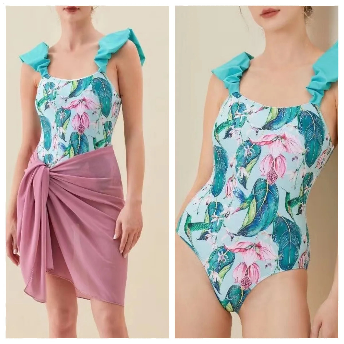 Green suspension ruffled swimsuit high waist onepiece cut bikini and pink chiffon elegant suitable for women 250313