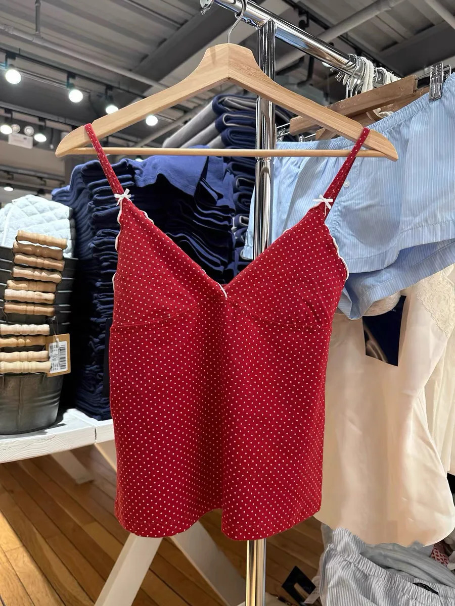 Red vest womens Vneck sleeveless Camis cotton ultrathin cut summer casual sweet preparatory style Camisol top 250407