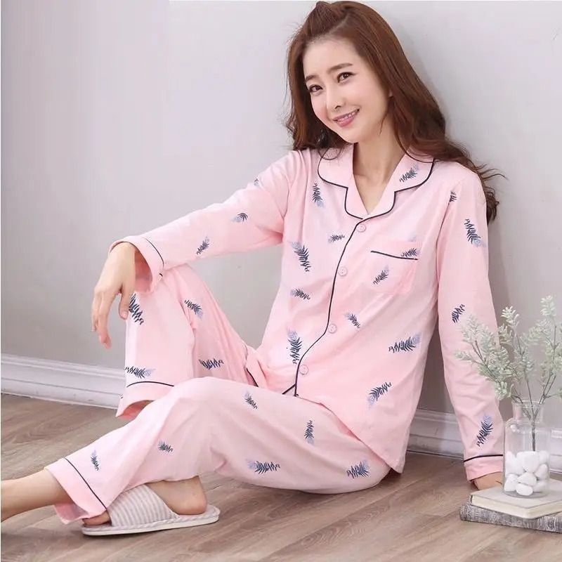 womens cotton pajamas set spring and summer long sleeved cardigan 250313