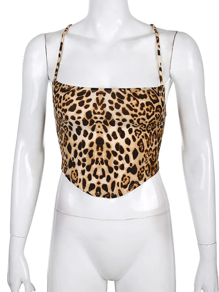 Leopard Pattern Womens Tank Top No Back Sexy Rave Set Sleeveless Cross Lace Bralette Crop Summer Street Clothing 250407
