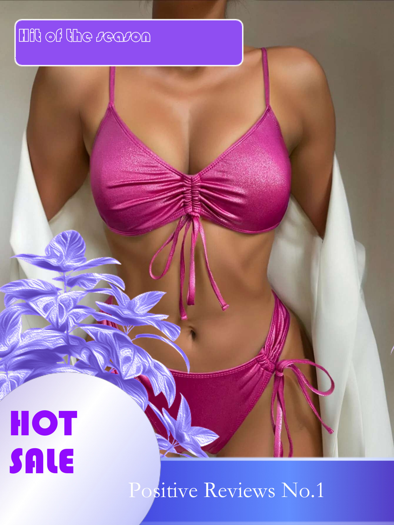 Dongdumaoyi Sexy Pleate Push Up Bikini Set Women Shiny Hot Pink Drawstring Side High Waist Swimsuit Beach Bathing Suit Lace Up Swimwear