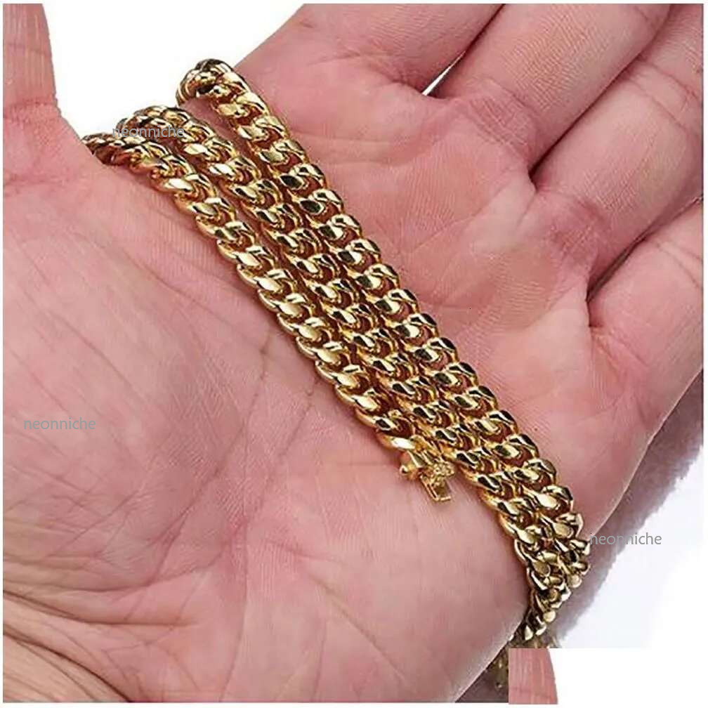 Chains Gold Plated Stainess Steel 10Mm 12Mm 14Mm Polished Miami Cuban k Necklace Men Punk Curb Chain Double Safety Clasp 18Inch Ot06H