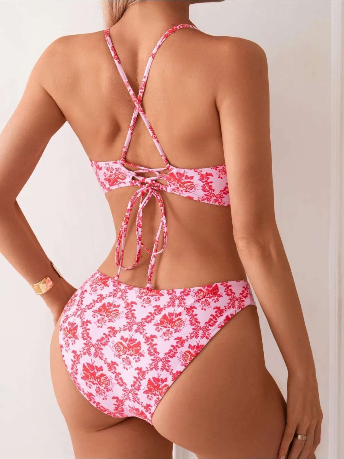 Dongdumaoyi Women S Print Piece Swimsuit Sexy V Neck Backless Beach Bikini Set High Waist Bathing Suit Summer New Suspender Swimwear