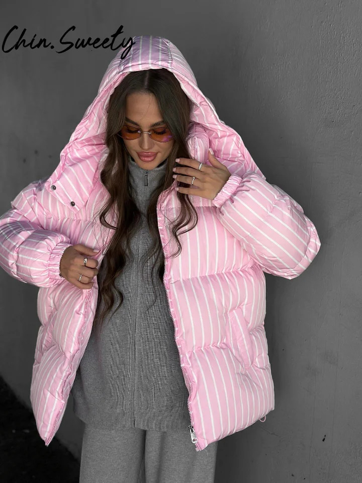 Fashion Striped Women Quilted Jacket Loose Hooded Thicken Zippers Long Sleeve Female Outwear 2025 Autumn Winter Lady Streetwear 251106