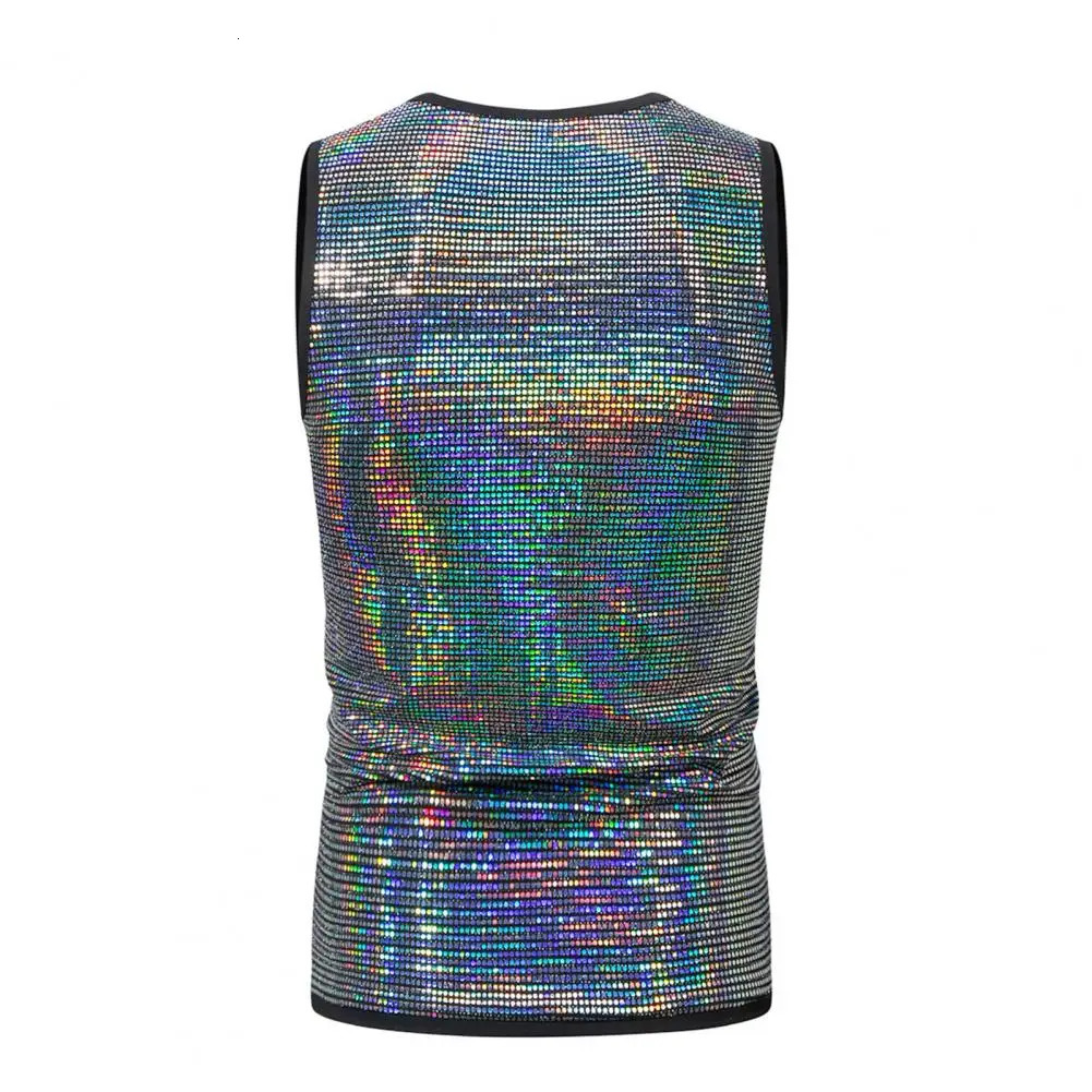 Men Casual Vest Mens Shiny Metallic Sleeveless Vest for Club Performance Stage Show Slim Fit Stretchy Tank Top with Round Neck 250407