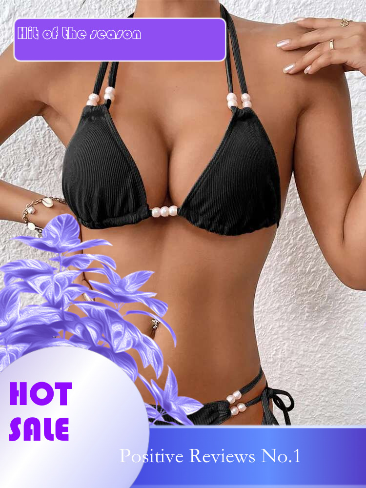 Dongdumaoyi Sexy Black Bikini Set Women Pearls Strap Push Up Drawstring Side Thong Swimsuit Luxury Lace Summer Bathing Suit Swimwear