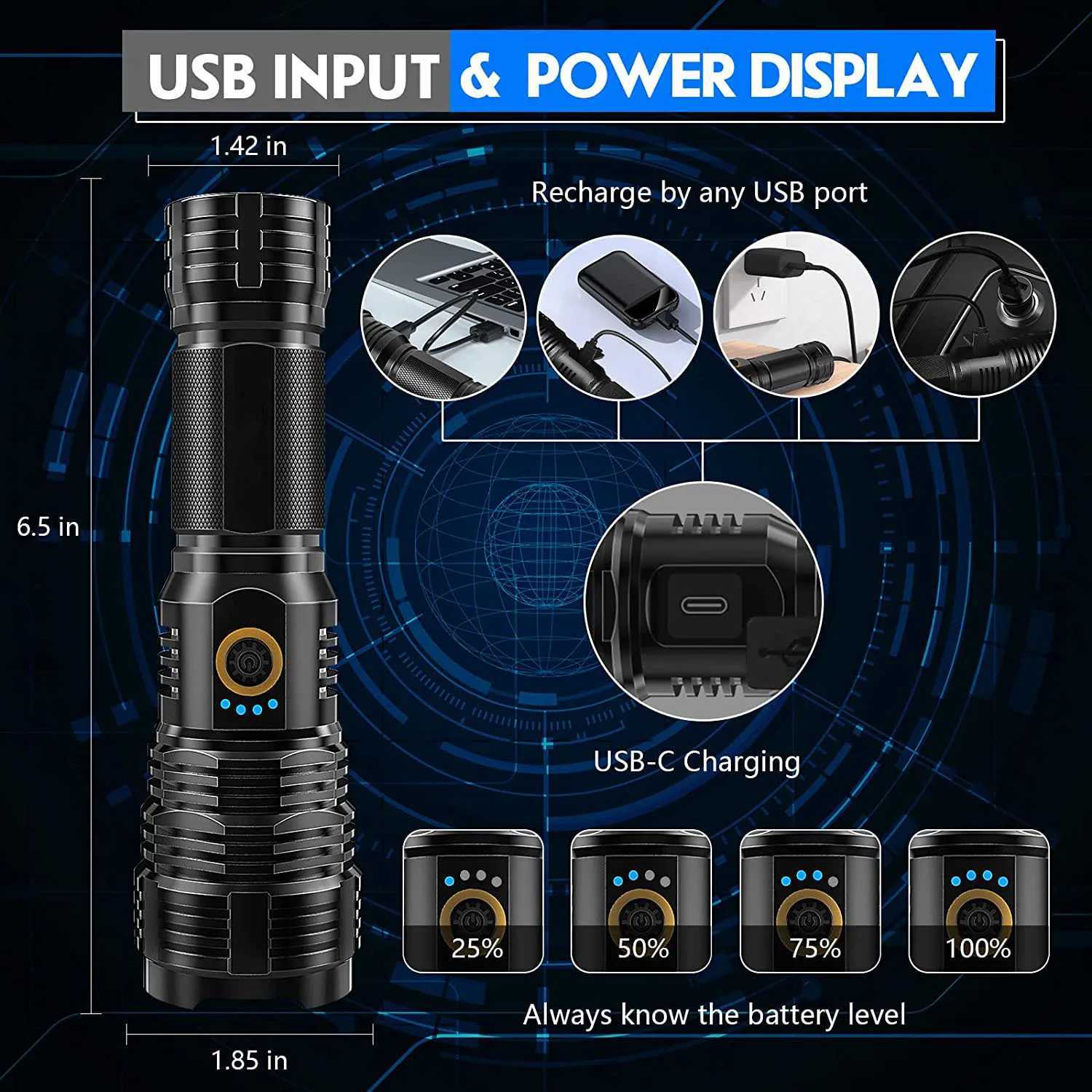 AL-Alloy Super 20000LM LED Flashlight USB Recharge Powerful Tactical Torch with 26650 Battery Handheld Lantern for Outdoor CampW251106