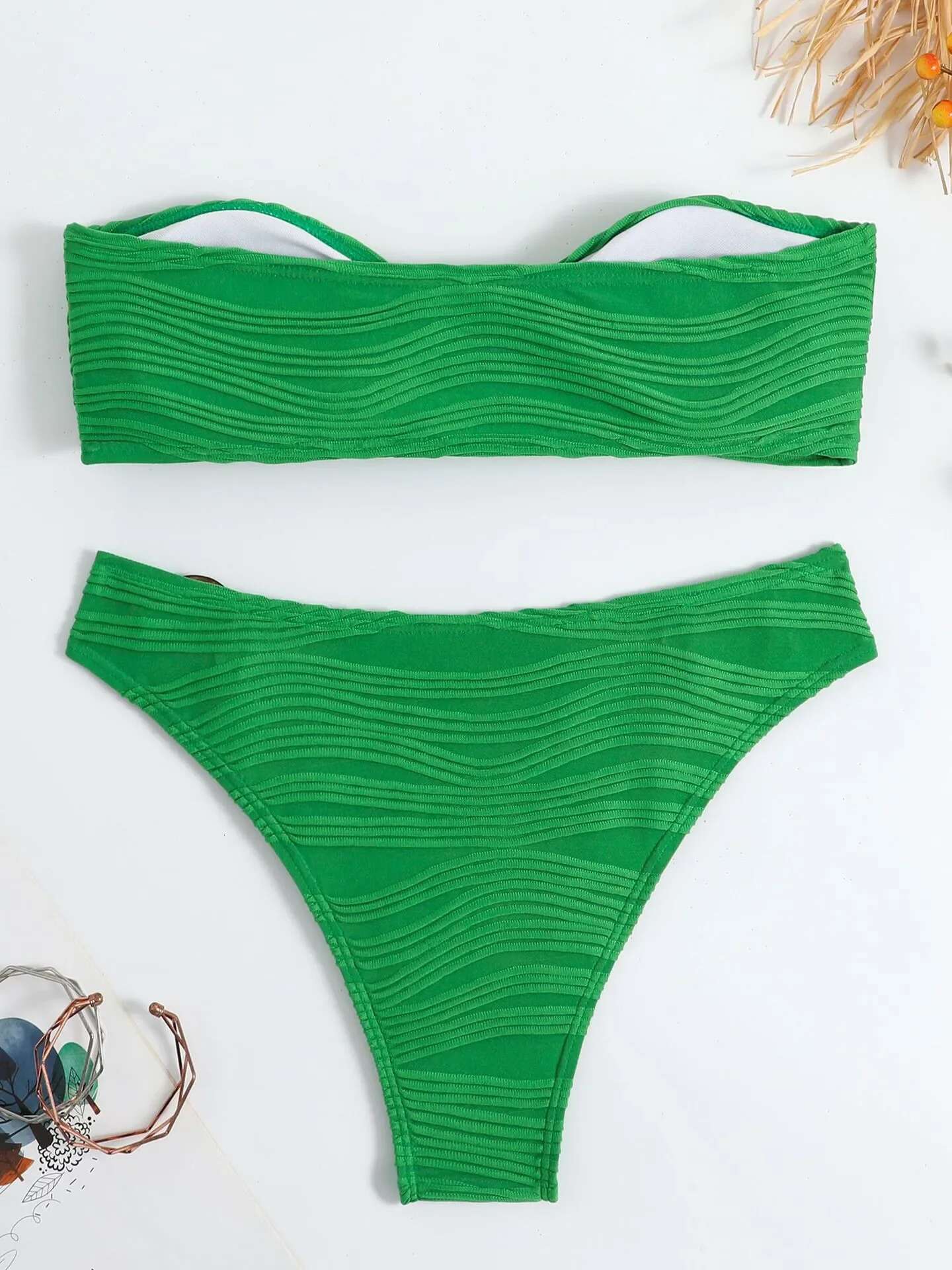 Dongdumaoyi Sexy Bandeau Bikini Women Front Tie Up Swimsuit Green Black Off Shoulder Cut Out Push Bathingh Suits Triangle Swimwear
