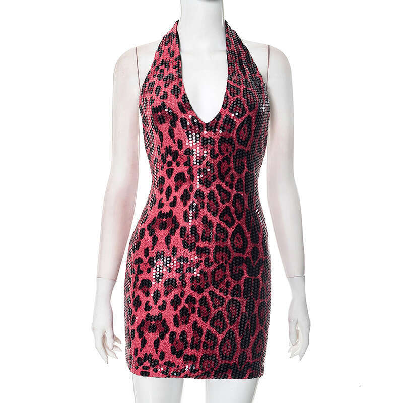 G25DS047 Sexy Sleeveless Halter Leopard Print Sequin Deep V-Neck Backless Bodycon Dress Cross-Border Hot Girl
