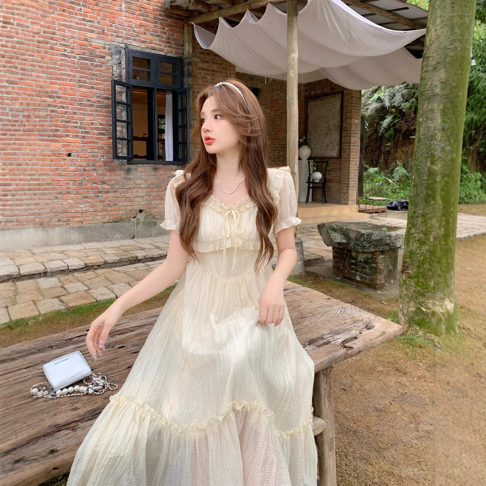 Y32135 High quality French style meat-covering sweet dress 2025 summer new style slim gentle style waist slim long skirt