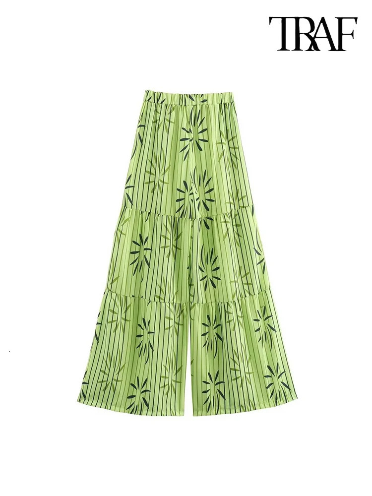 TRAF Womens Fashion Wrinkle Printed Casual Set Sexy Sleeveless Ruffle Decorative Tie TopSplicing Wide Leg Pants Two Piece 250407