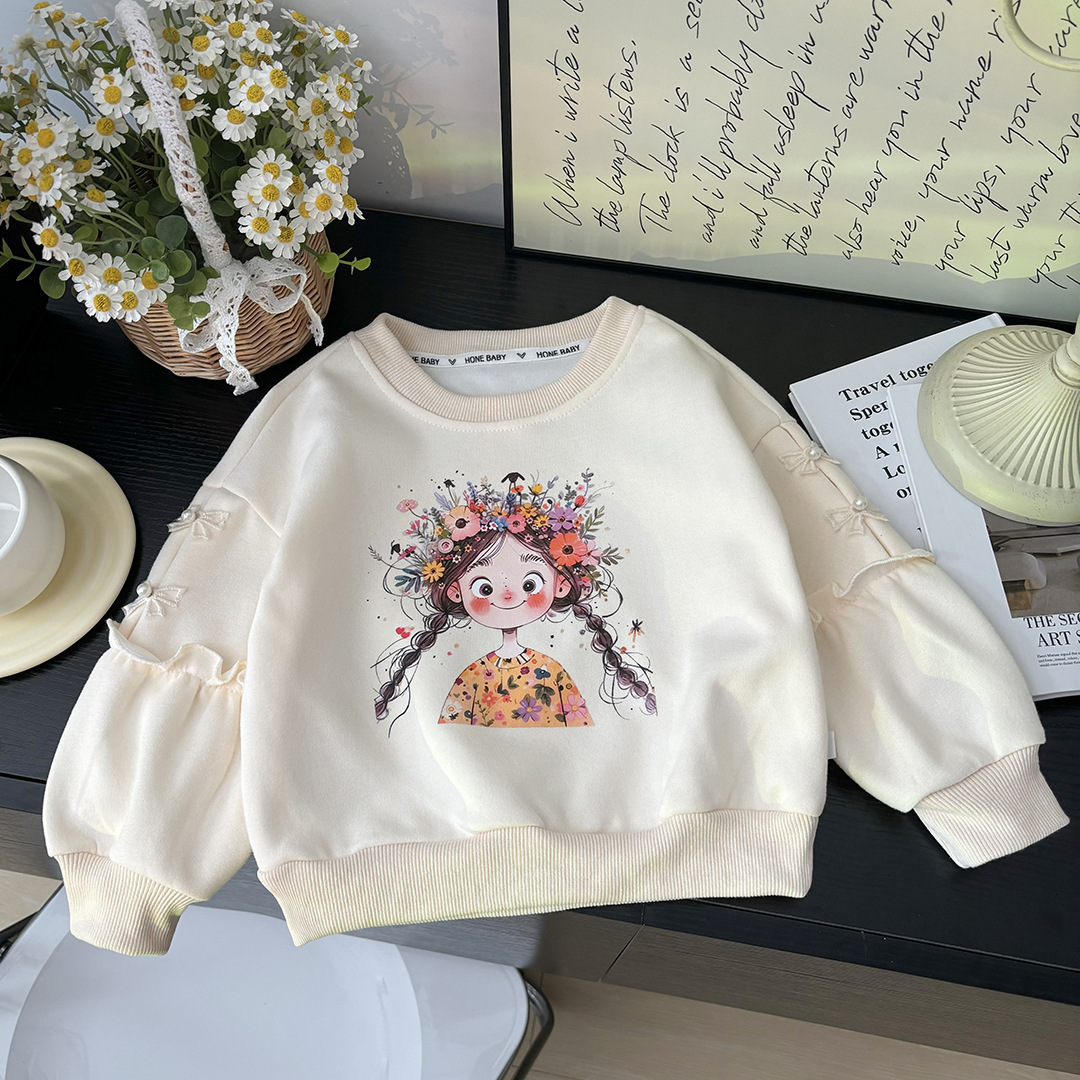 Ddmyshoesvip Girls Hoodie New Cotton Baby Princess Bow Cartoon Long Sleeved Spring And Autumn Top Round Neck Western Style