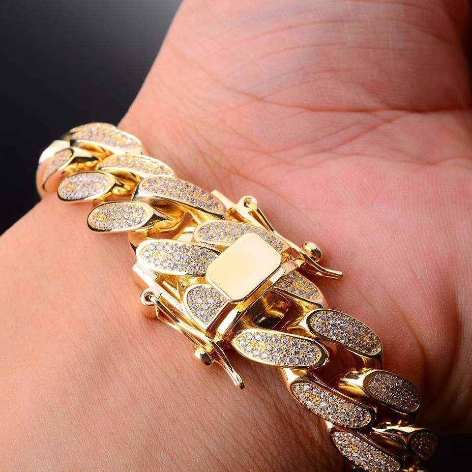 New Design Hip Hop Jewelry 14MM Gold Plated Cubic Zircon Stones 925 Sterling Silver Cuban Chain Miami Bracelet for Men
