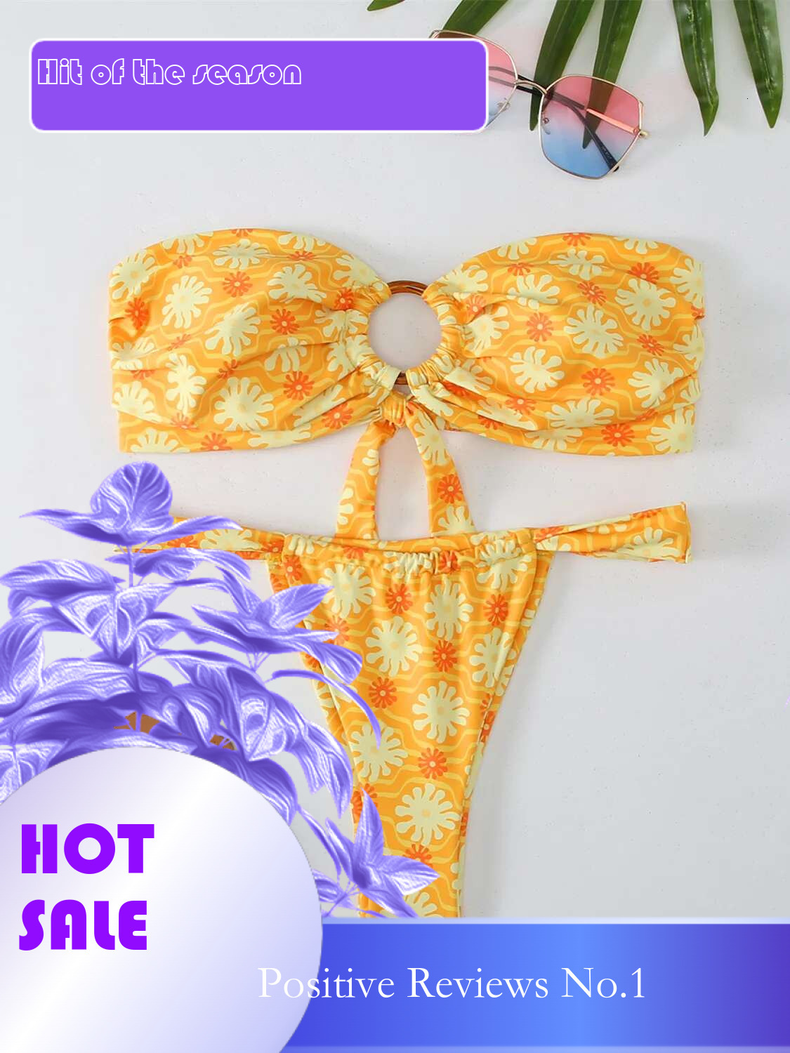 Dongdumaoyi Sexy Bandeau Bikini Set Women Yellow Floral Print Ring Linked Hollow Out Push Up Micro Swimsuit Bathing Suit Thong Swimwear