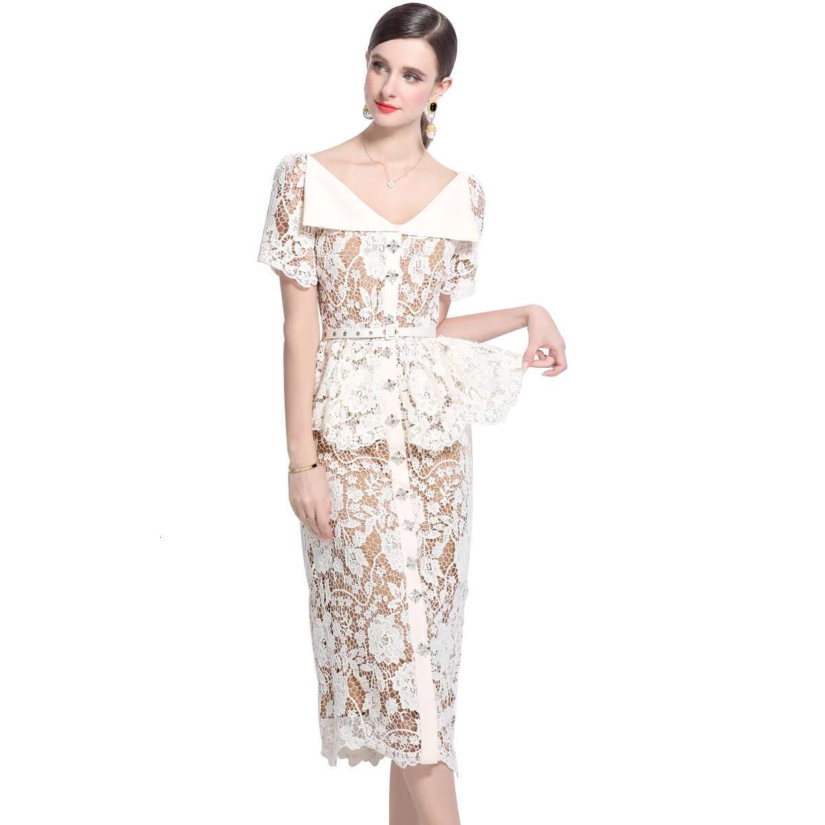 Quality Summer Beaded Dias Embroidery Beige White Lace Evening Dress Women Short Sleeve Ruffle Peplum Midi Prom Dresses Long