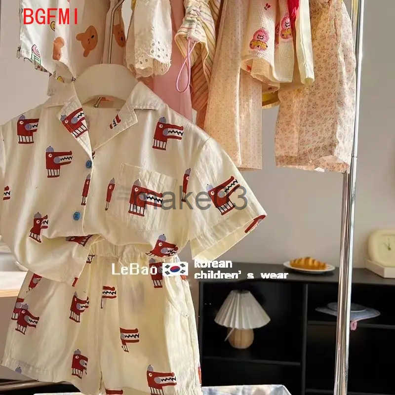 Korean 2025 Clothing Boys Fashion Printed Short Shirt Top+Short sleeved Childrens Boutique Set J250403