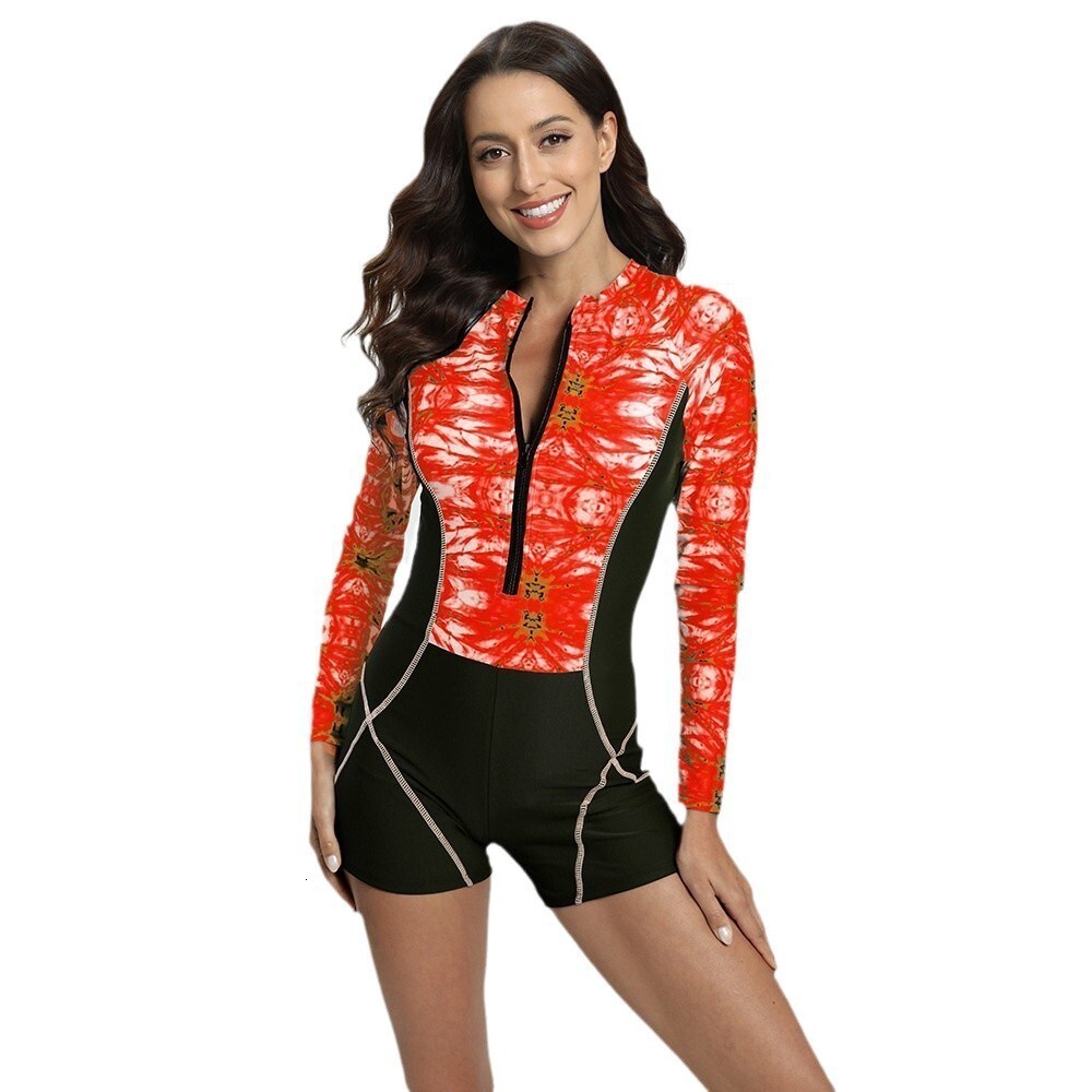 New diving women's long sleeved one-piece zipper flat corner pants with digital printing color blocked snorkeling surfing suit swimsuit