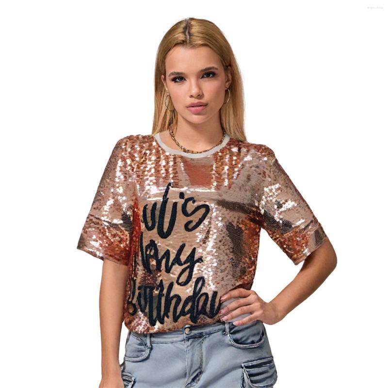 Women's T Shirts Combhasaki Women Glitter Sequined Loose Fit T-Shirt Dress Short Sleeve Round Neck Letter Print Oversized Tops Party