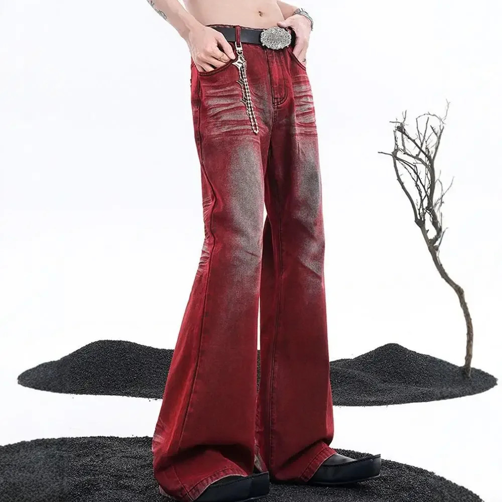 Retro American ankle red mini flame jeans suitable for both men and women early autumn low waist weight loss loose fitting edging 250313
