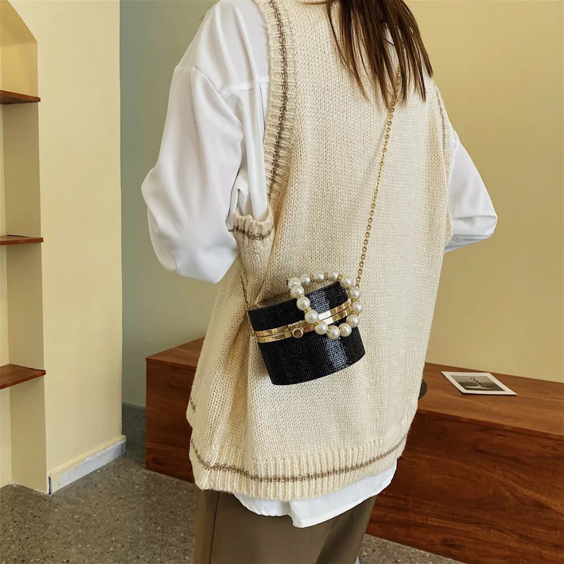 Round plastic box party clutch bag womens wallet and handbag wedding evening bag chain shoulder bag bead wristband 250402