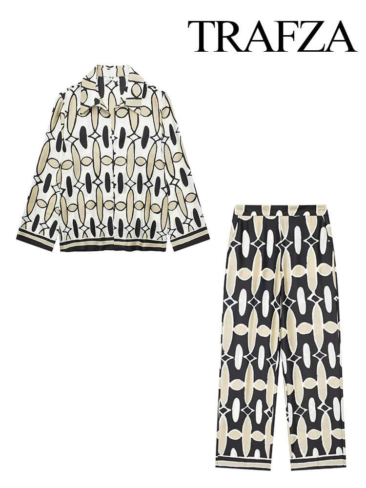 TRAFZA Spring Womens Geometric Printed Collar Long Sleeve Shirt 2piece Set with Side Pocket Casual High Waist Wide Pants 250313