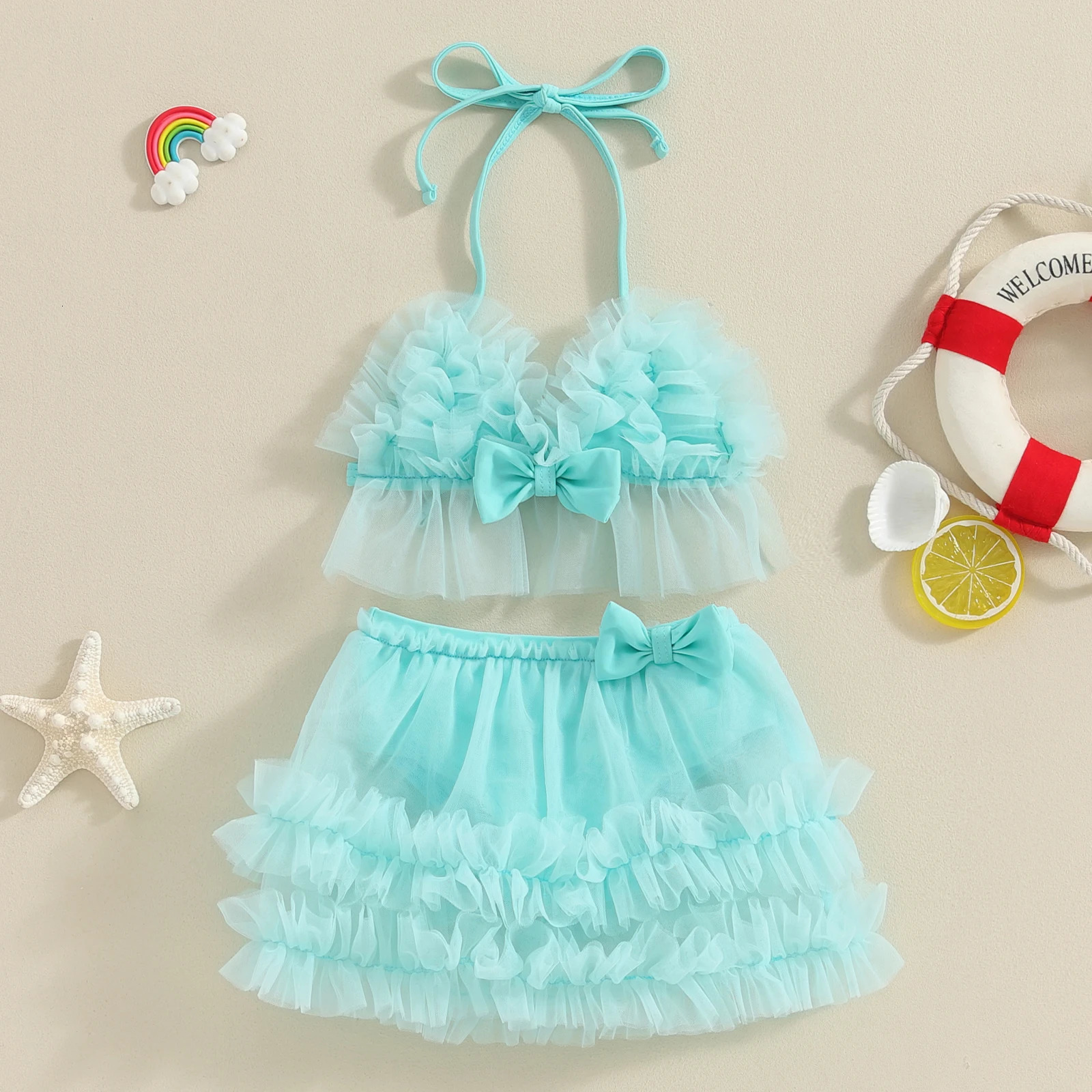 Baby Girls Bikini Beach Swimwear 2 Piece Swimsuits Tulle Camisole PP Shorts Bathing Suits 0-24M 250407