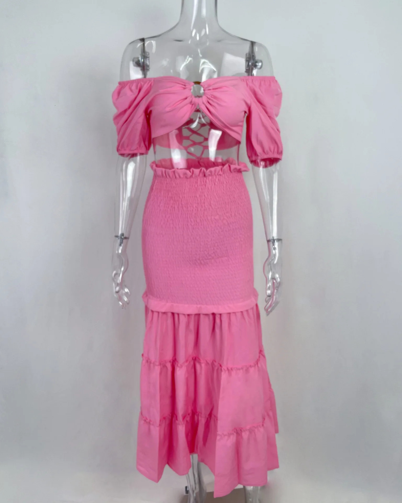 2 Piece Set Women Outfit Vacation Floral Print O Neck Crop Top Shirr Slit High Waist Maxi Skirt Sets Female Fashion 250313