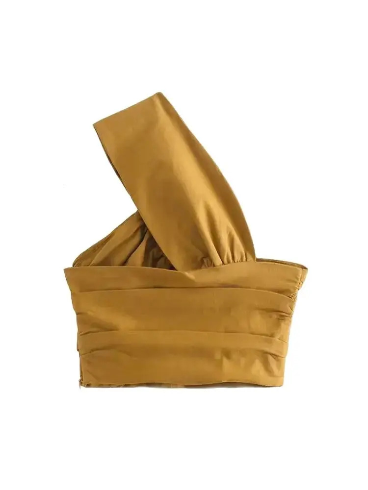 TRZA Womens Sexy Folded Asymmetric Linen Crop Vest Retro Single Shoulder Side Zipper Camis Mujer 250407