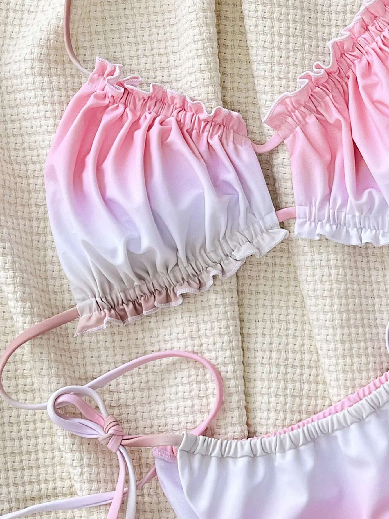 Dongdumaoyi Sexy Pink Gradient Bikini Mujer Women Halter Pleate Push Up Micro Swimsuit Beach Bathing Suit Tie Side Triangle Swimwear