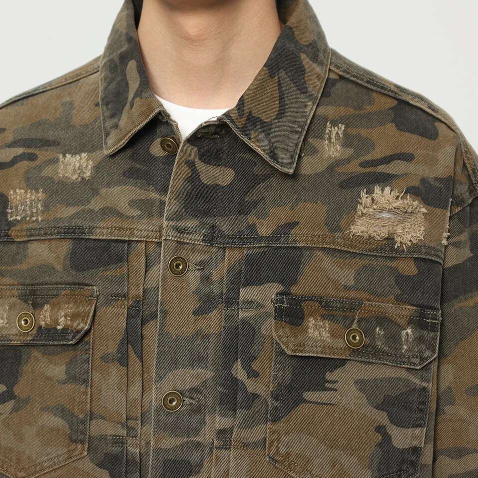Camouflage Pure Cotton Men Streetwear Fashion Hip Hop Loose Casual Vintage Hole Denim Varsity Jacket Cowboy Coat