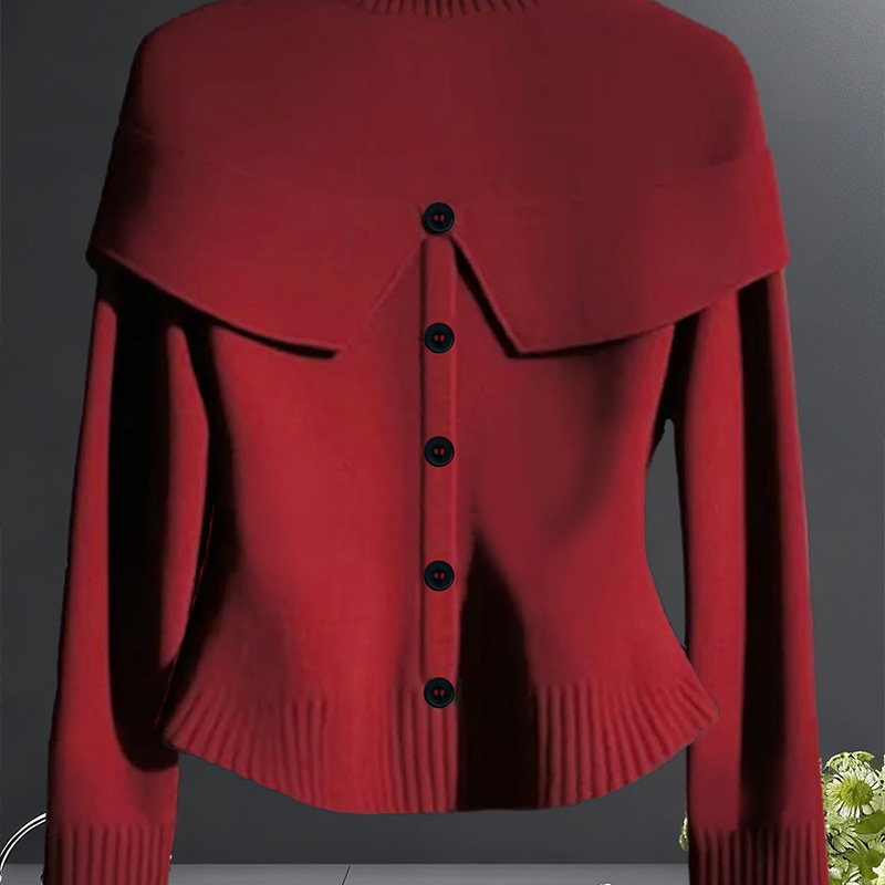 Women's solid-color top, long-sleeved sweater with turned-up collar, fake buttons, casual and romantic style, women's outwear, women's 