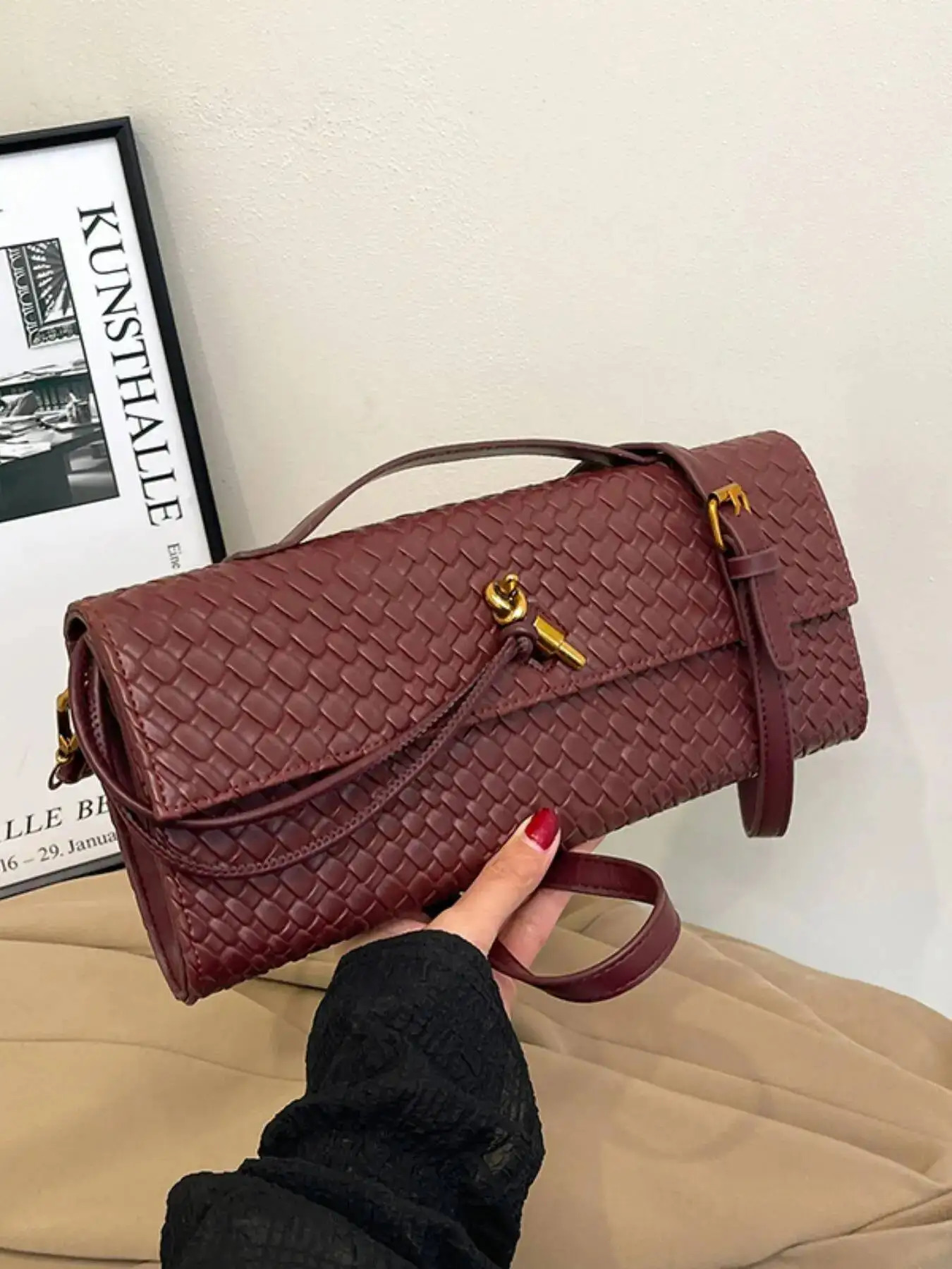 Womens Intage Minimalist Fauxwoven Felt Flap Lock Long Handbagtote Bag Large Capacity Clutch Suitable For R251107