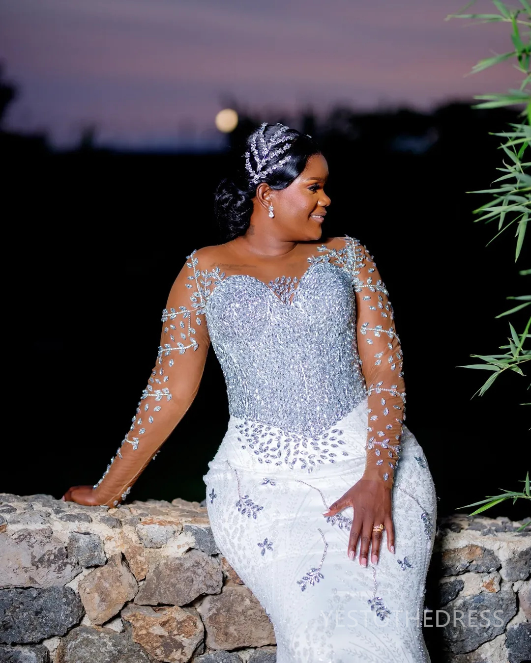 2025 Plus Size Mermaid Wedding Dress For Bride Bridal Gowns Detachable Train Long Sleeves Sheer Neck Beaded Lace Tiered Wedding Gowns For African Blac