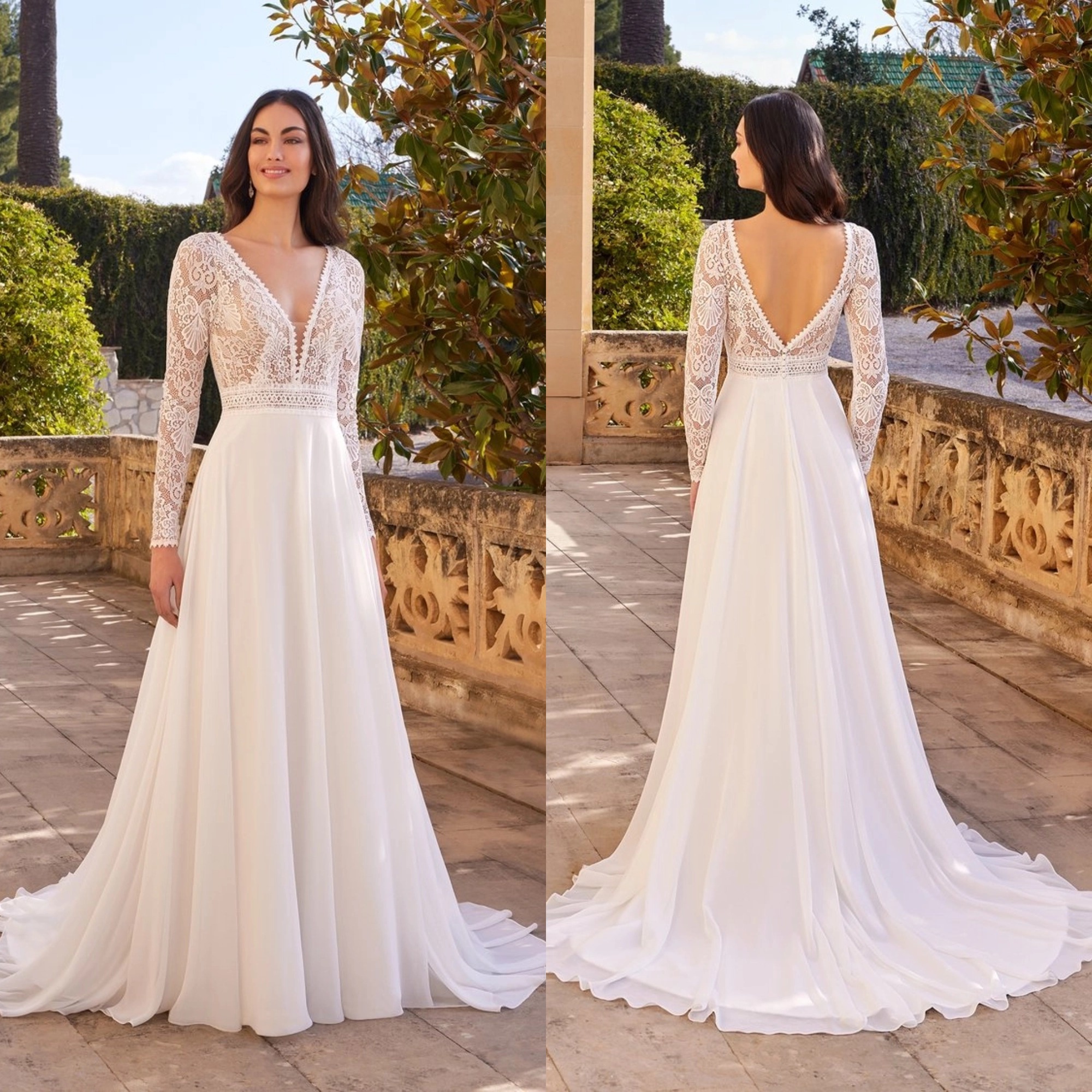 Bohemian Wedding Dresses V Neck Lace Appliques Long Sleeves A Line Bridal Gowns Customized Backless Sweep Train Robe De
