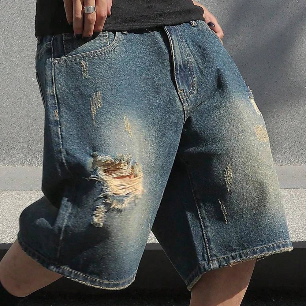 Mens Summer Baggy Stretchy Denim Shorts Jeans For Men Streetwear Ripped Knee length Comfort Cargo Casual Pants Jean 250313