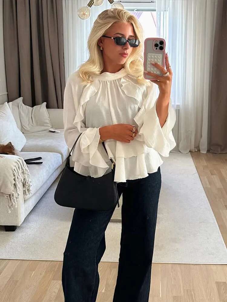 Elegant White Double Layered Ruffles Hem Women's Blouse Spring Round Neck Flare Full Sleeve Shirts New Summer Office Streetwear