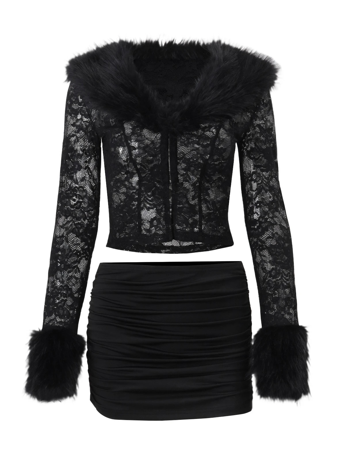 SsTss Womans 2 Pieces Set Elegant Faux Fur Patchwork V Neck Long Sleeve Floral Lace Crop Top and Mini Pencil Skirt Suits Outfit 251104