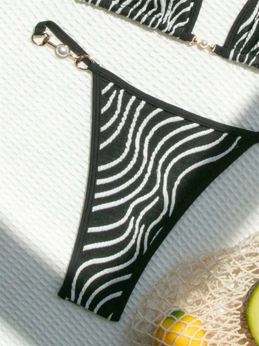 Dongdumaoyi Sexy Black Stripe Bikini Set Women Halter Push Up Pearls Thong Swimsuit Brazilian Beach Bathing Suit Micro Swimwear Biquini