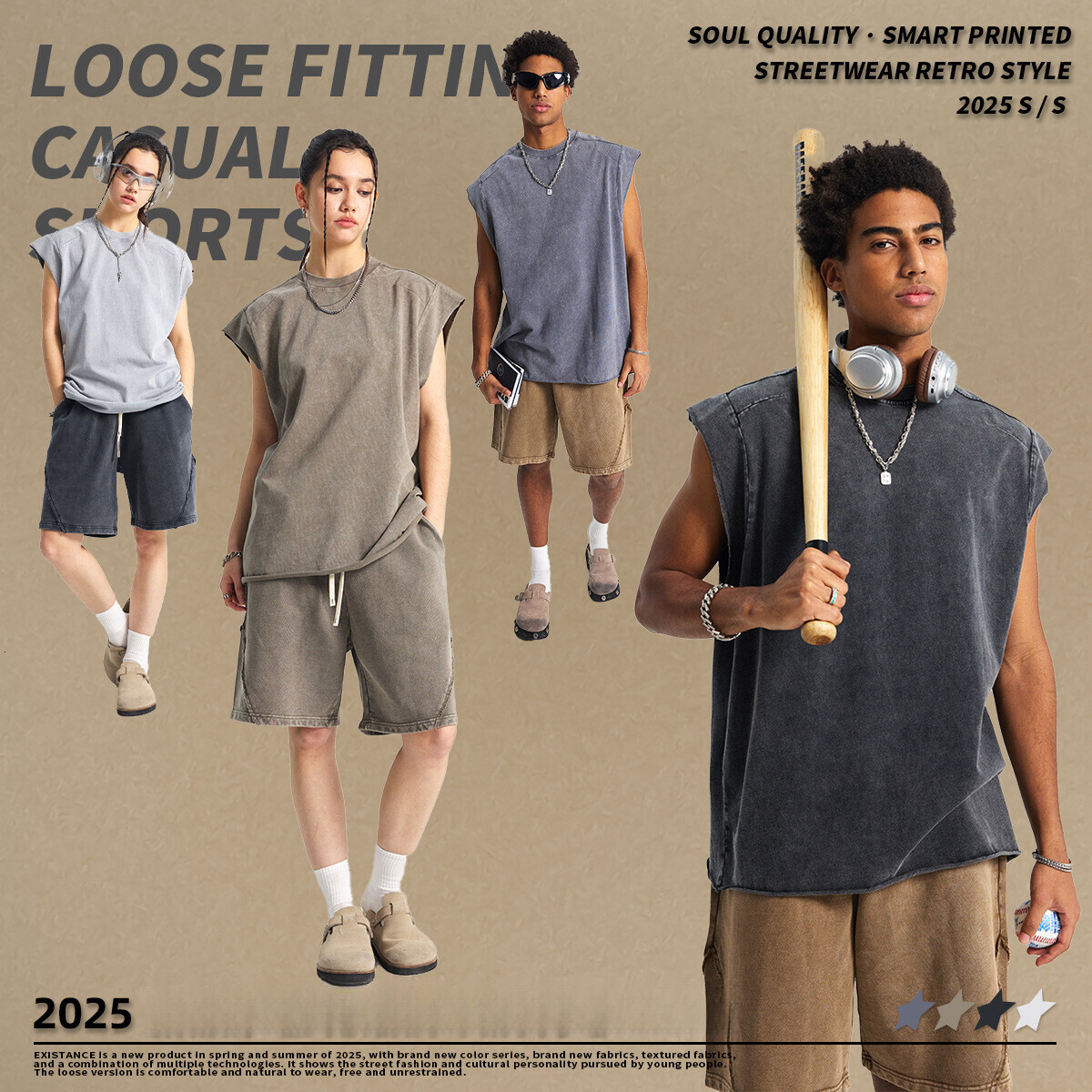 2025 Spring/Summer Street Ins Loose Sports Heavy Industry Splicing Trendy Brand Wax Printing Sleeveless Men's Tank Top
