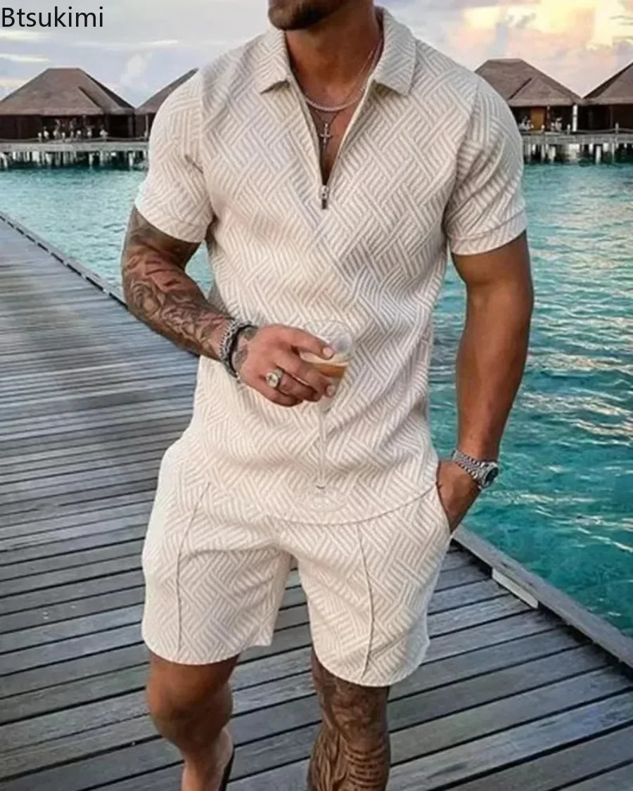 Mens solid half zipper short sleeved polo shirt 2piece set 3D printed fashionable casual sportswear streetwear oversized summer item 250313