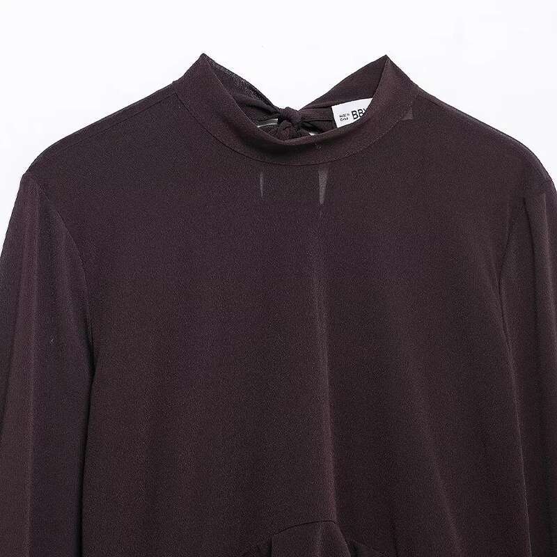 Willshela Women Fashion Brown Back Bow Lace Up Ruffled Pleated Pullover Blouse Vintage O-Neck Female Chic Lady Shirts