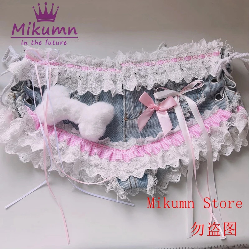 Mikumn Harajuku Y2k Women Sexy Lace Shorts Punk s Sweet Bow Angel Wing Bone Lace-up Low Waist Denim Shorts Jeans Streetwear 250407