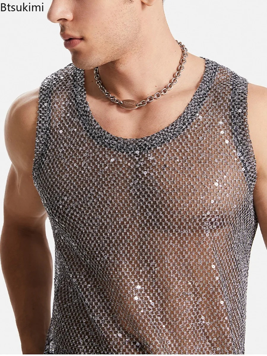 Sexy Mens Hollow Out Mesh Tank Tops Fashion Sequin Woven Casual Sleeveless Vest Tops 2025 See Through Streetwear Male Waistcoat 250407