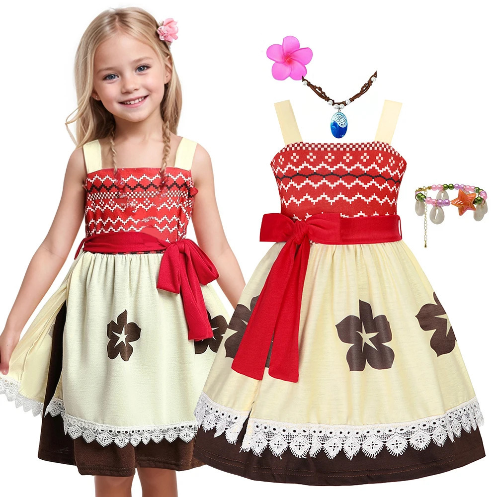 2-10y Child Girl Dress Summer Princess Moana Full Printing Sleeveless Dress Casual Children Clothing with Necklace Daily Outifit 250407