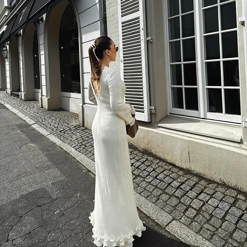 Ruffle pleated loose long skirt for womens autumn and winter fashion white Oneck dress elegant party streetwear 250407