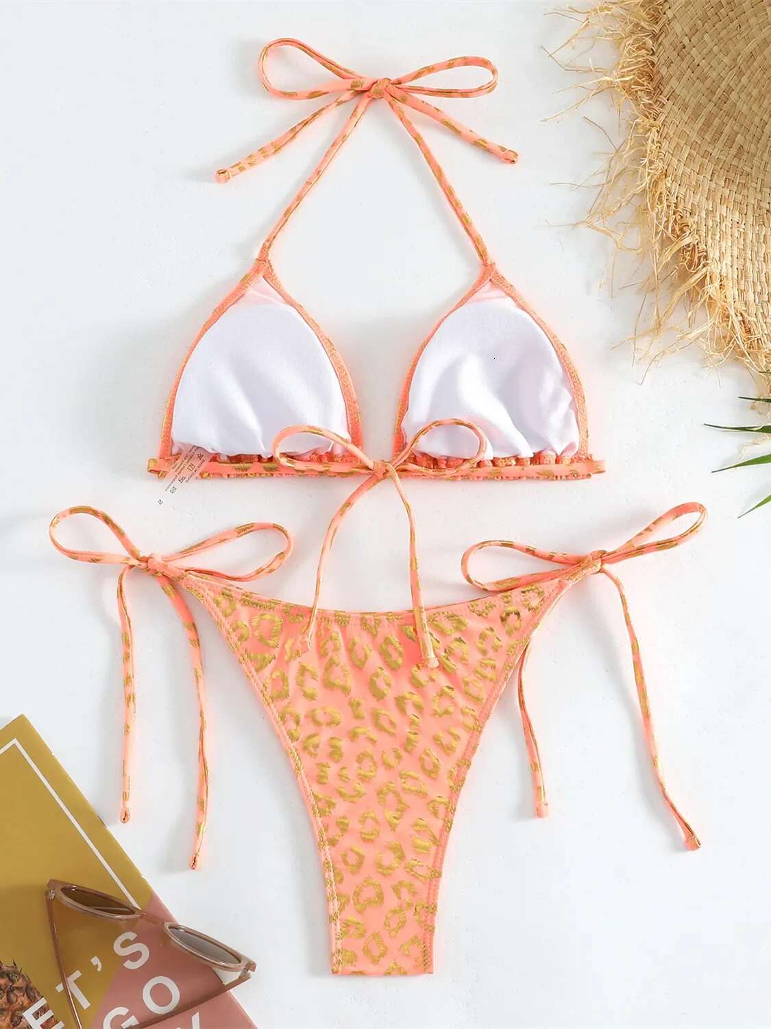 Dongdumaoyi Sexy Orange Leopard Print Bikini Set Women Halter Push Up Bra Tie Side Thong Swimsuit Summer Backless Bathing Suit Swimwear